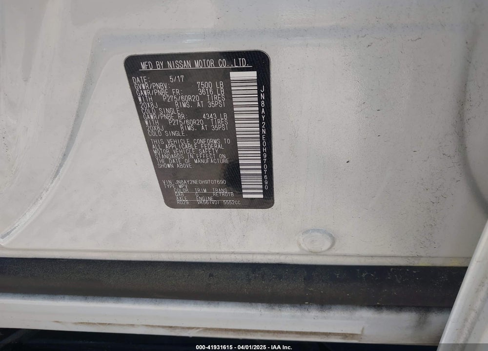 2017 NISSAN ARMADA VIN: JN8AY2NE0H9707690