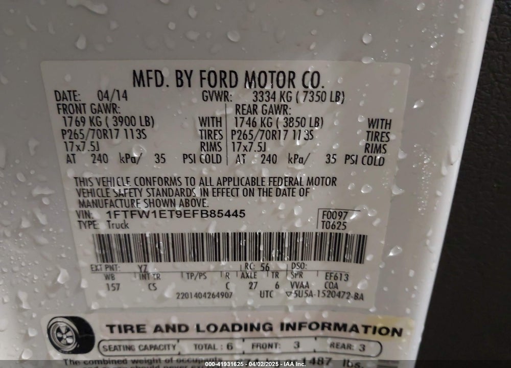 2014 FORD F-150 XL VIN: 1FTFW1ET9EFB85445