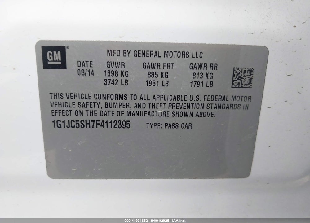 2015 CHEVROLET SONIC LT AUTO VIN: 1G1JC5SH7F4112395