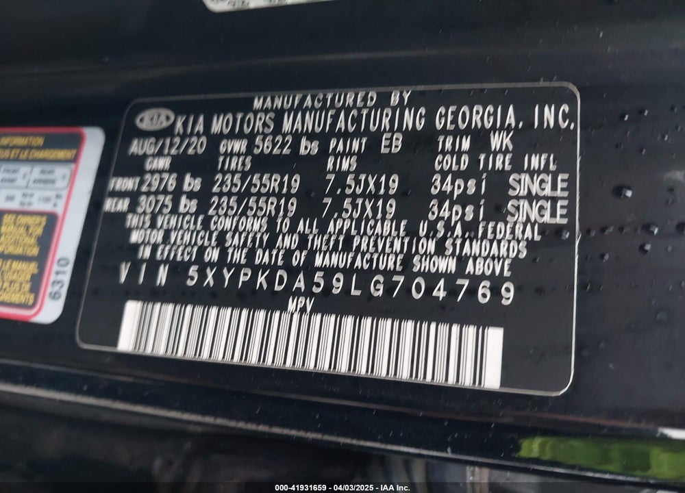 2020 KIA SORENTO VIN: 5XYPKDA59LG704769