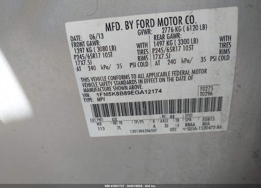 2014 FORD EXPLORER VIN: 1FM5K8B89EGA12174