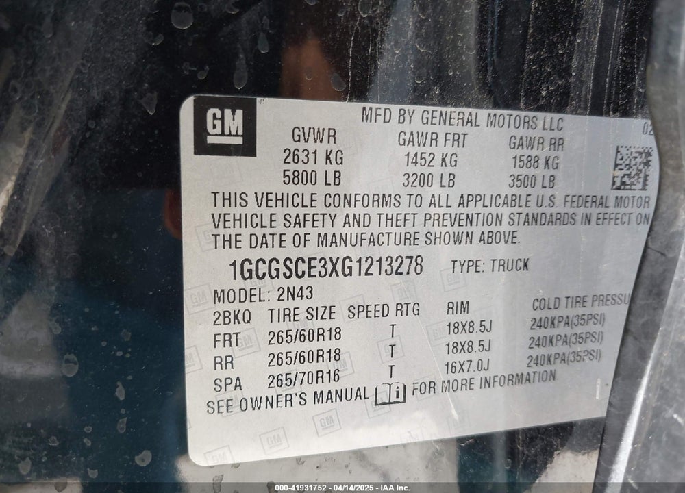 2016 CHEVROLET COLORADO VIN: 1GCGSCE3XG1213278
