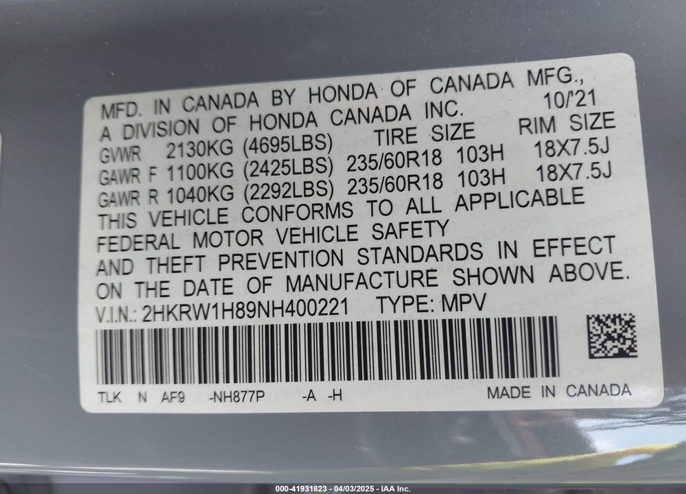 2022 HONDA CR-V 2WD EX-L VIN: 2HKRW1H89NH400221