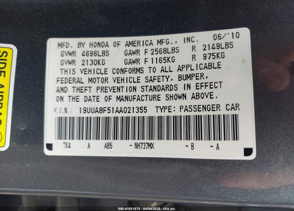 2010 ACURA TL VIN: 19UUA8F51AA021355