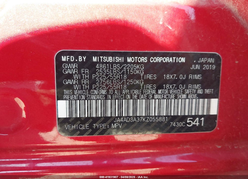 2019 MITSUBISHI OUTLANDER SE VIN: JA4AD3A37KZ055881