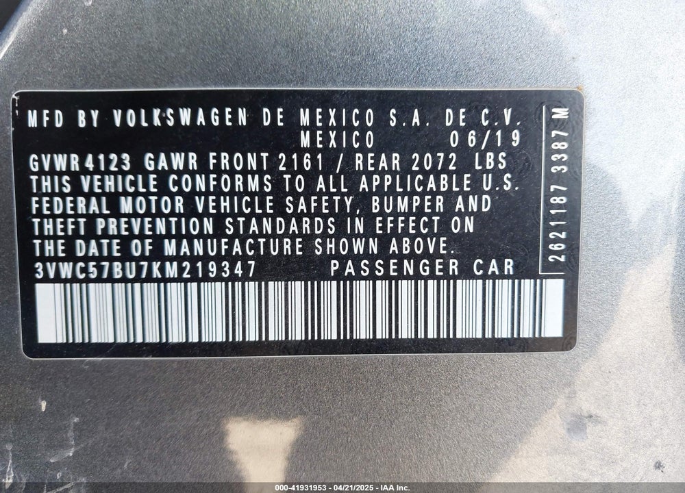 2019 VOLKSWAGEN JETTA VIN: 3VWC57BU7KM219347