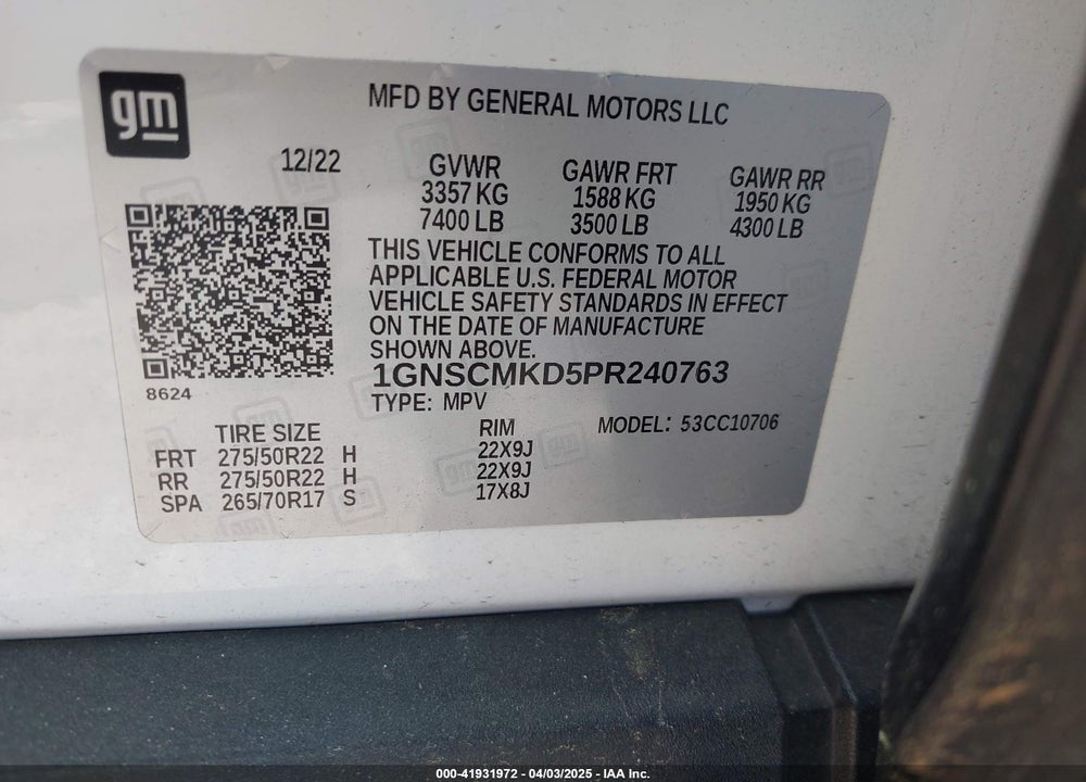 2023 CHEVROLET TAHOE VIN: 1GNSCMKD5PR240763