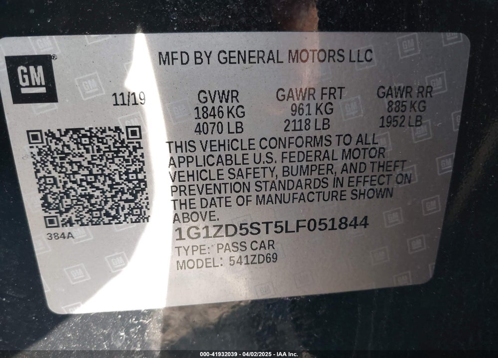 2020 CHEVROLET MALIBU VIN: 1G1ZD5ST5LF051844