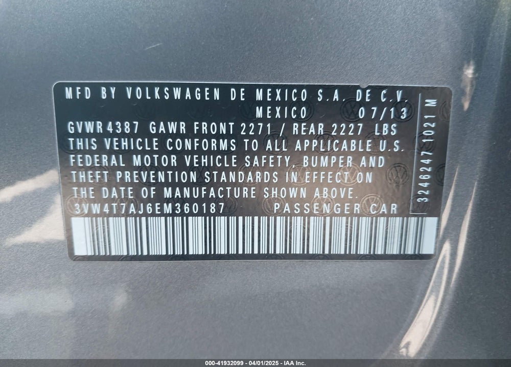 2014 VOLKSWAGEN JETTA VIN: 3VW4T7AJ6EM360187