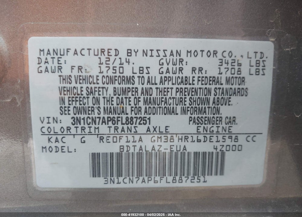 2015 NISSAN VERSA VIN: 3N1CN7AP6FL887251