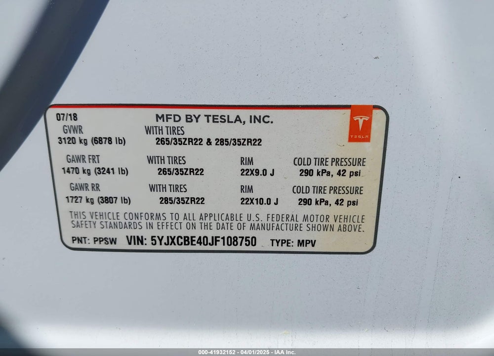 2018 TESLA MODEL X VIN: 5YJXCBE40JF108750