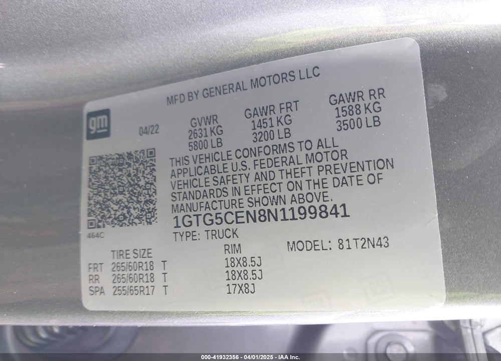 2022 GMC CANYON 2WD SHORT BOX ELEVATION VIN: 1GTG5CEN8N1199841
