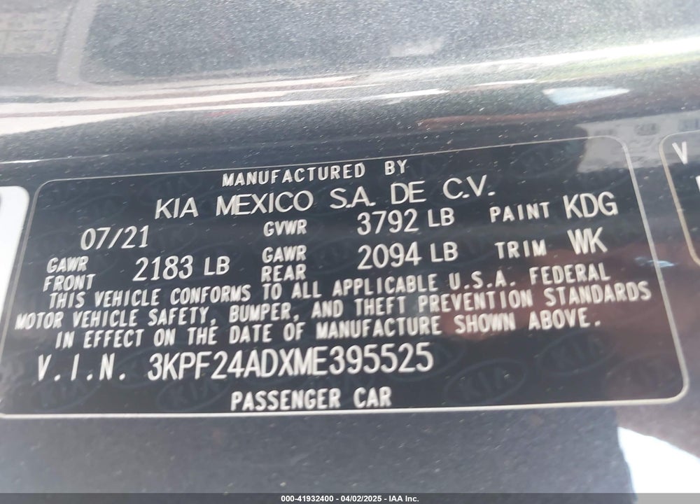 2021 KIA FORTE VIN: 3KPF24ADXME395525
