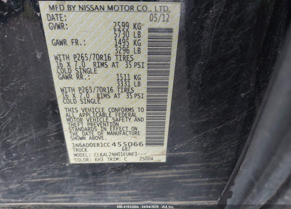 2012 NISSAN FRONTIER VIN: 1N6AD0ER1CC455066