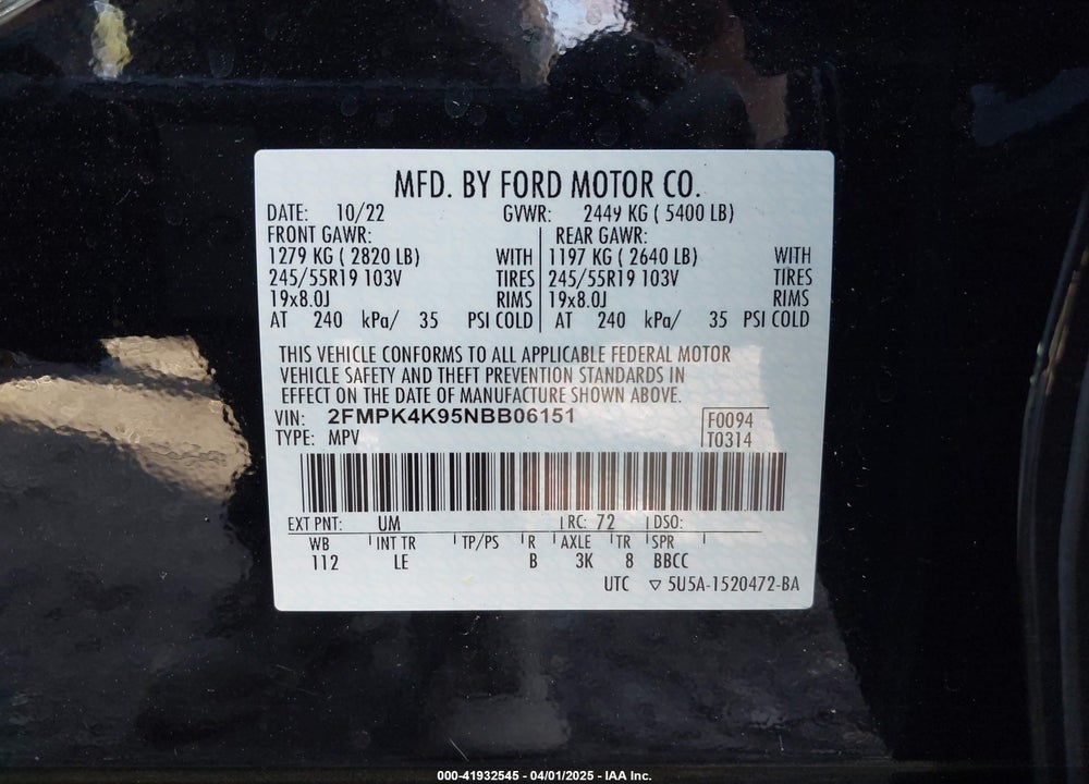 2022 FORD EDGE VIN: 2FMPK4K95NBB06151