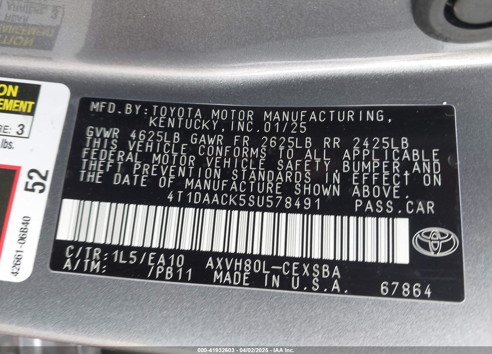 2025 TOYOTA CAMRY VIN: 4T1DAACK5SU578491