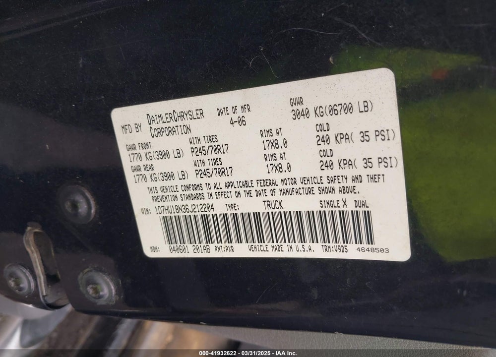 2006 DODGE RAM 1500 SLT/TRX4 OFF ROAD/SPORT VIN: 1D7HU18N36J212204