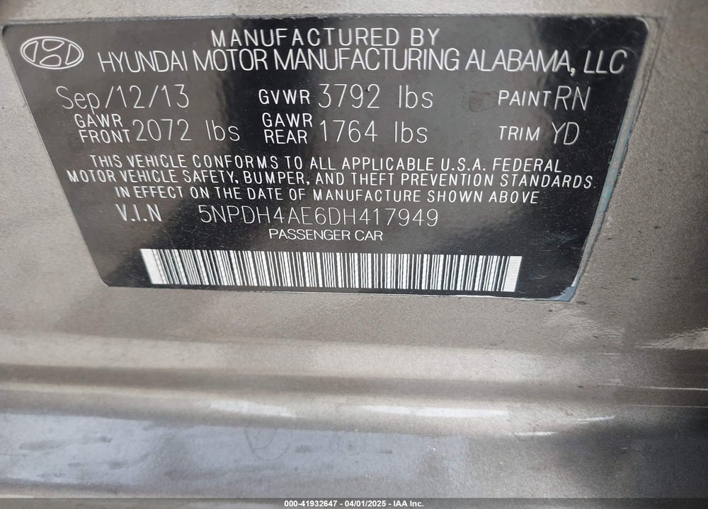 2013 HYUNDAI ELANTRA GLS VIN: 5NPDH4AE6DH417949