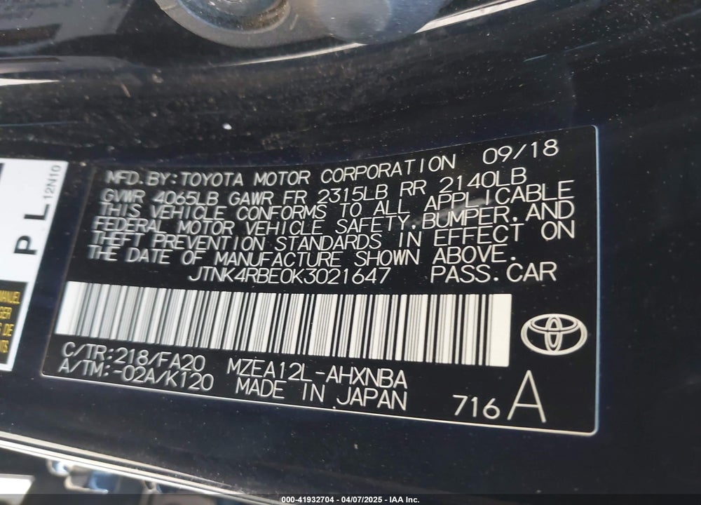 2019 TOYOTA COROLLA SE VIN: JTNK4RBE0K3021647