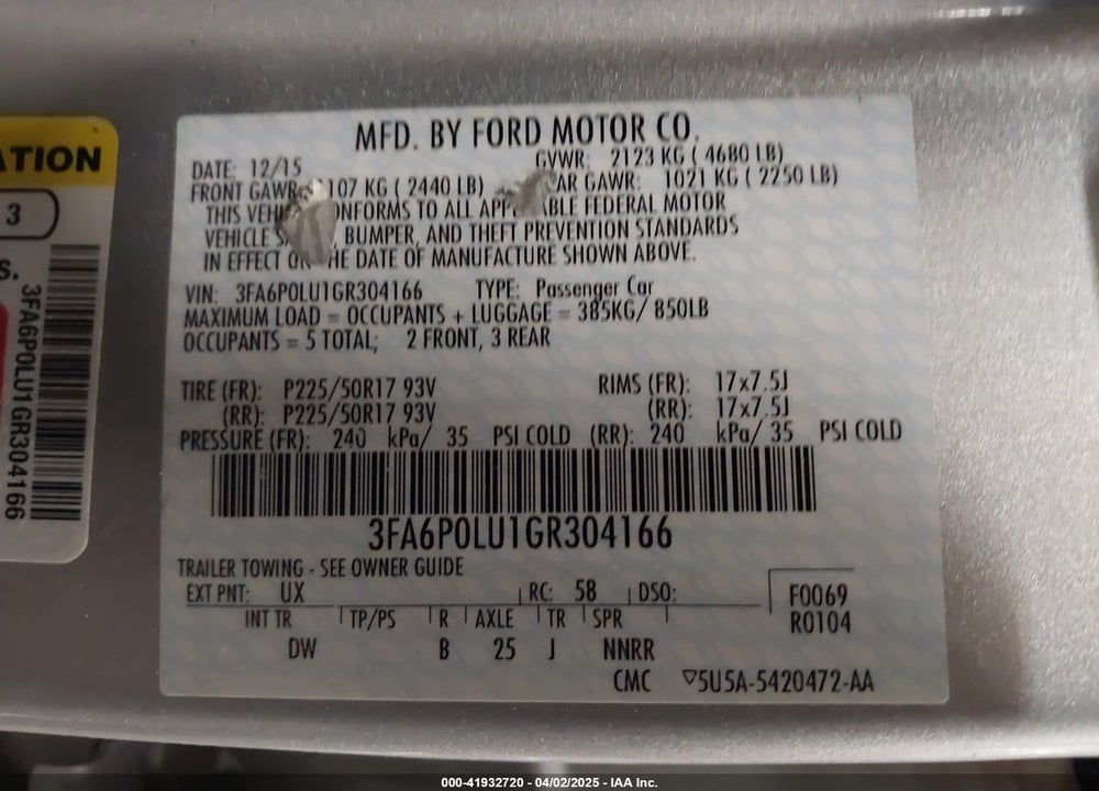 2016 FORD FUSION HYBRID VIN: 3FA6P0LU1GR304166