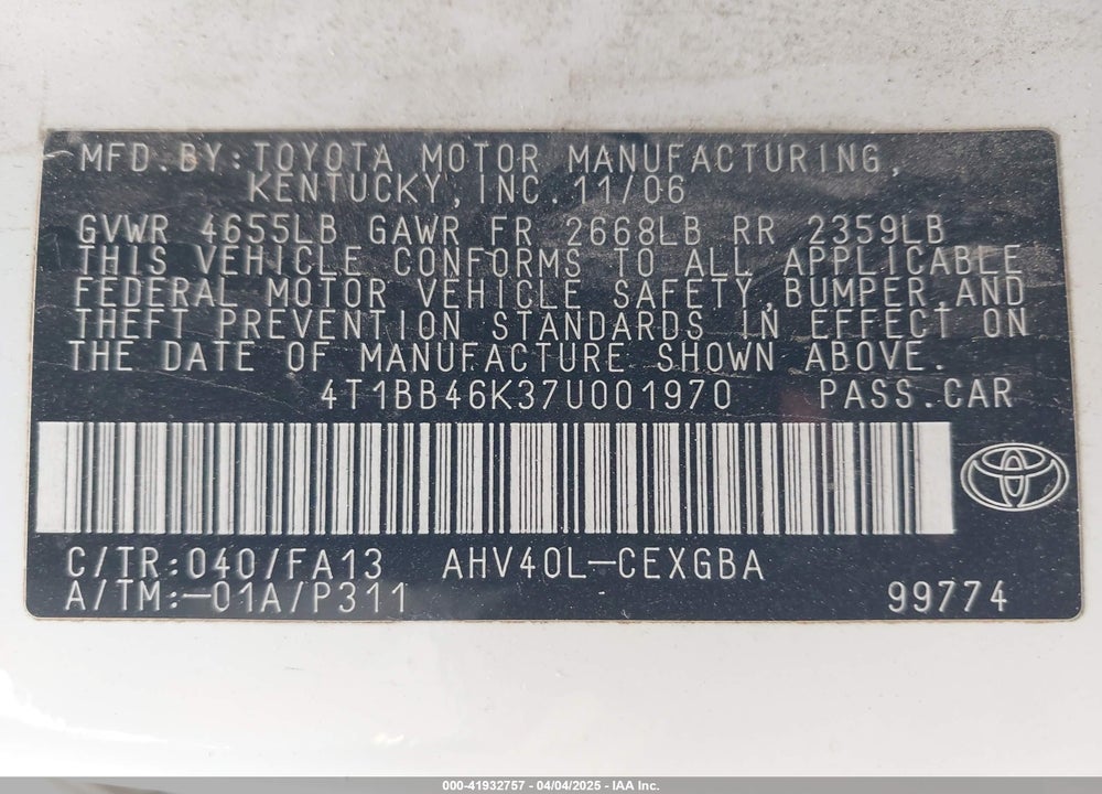 2007 TOYOTA CAMRY HYBRID VIN: 4T1BB46K37U001970