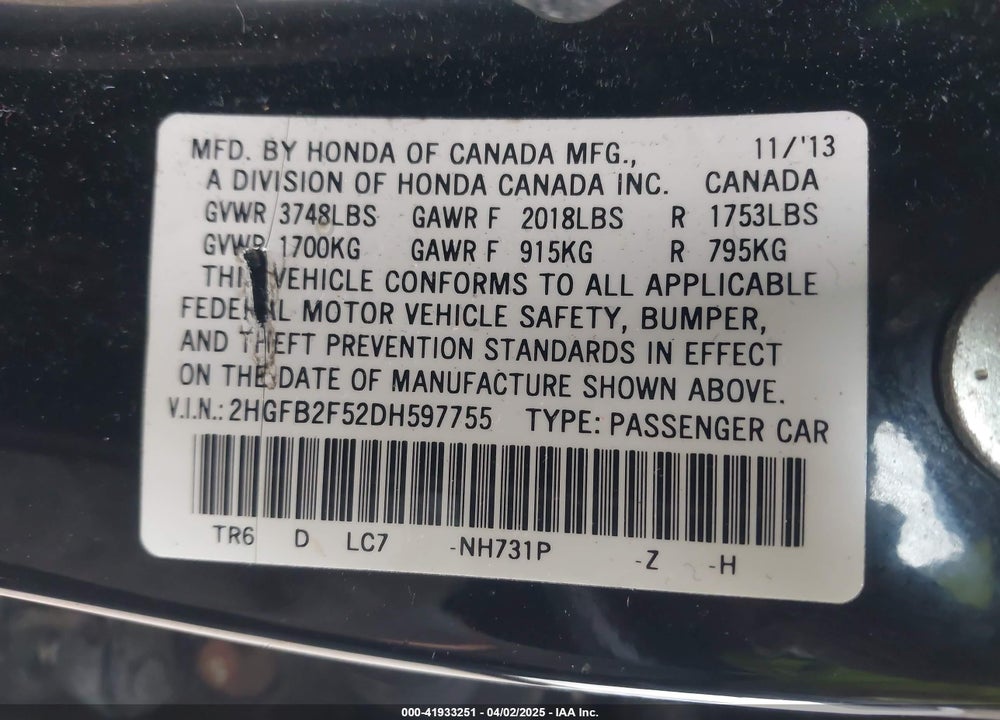 2013 HONDA CIVIC LX VIN: 2HGFB2F52DH597755