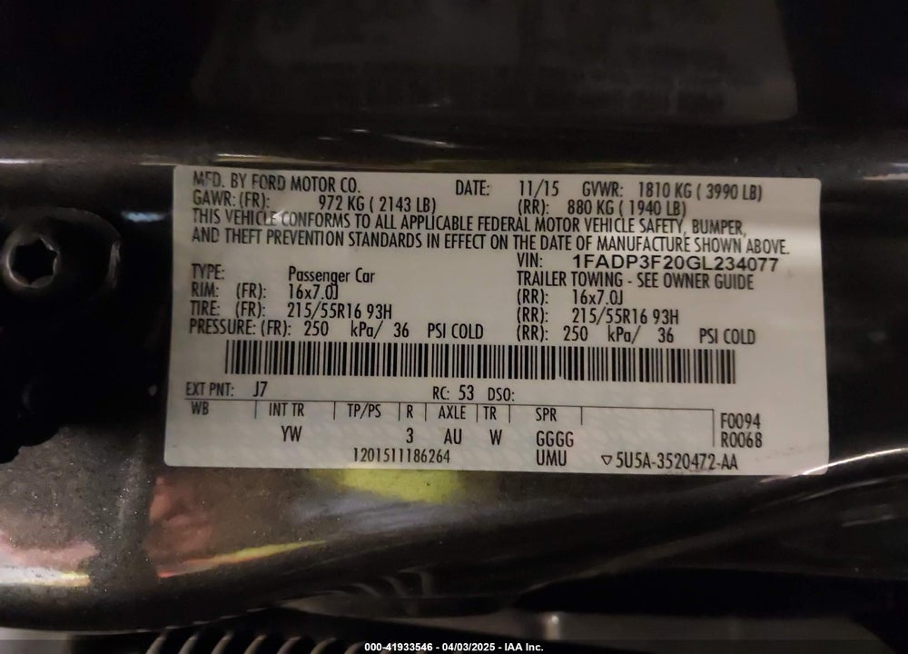 2016 FORD FOCUS SE VIN: 1FADP3F20GL234077