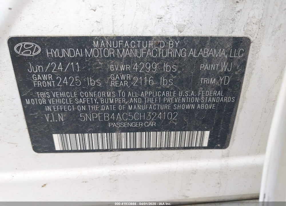 2012 HYUNDAI SONATA VIN: 5NPEB4AC5CH324102