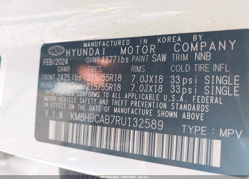 2024 HYUNDAI KONA VIN: KM8HBCAB7RU132589