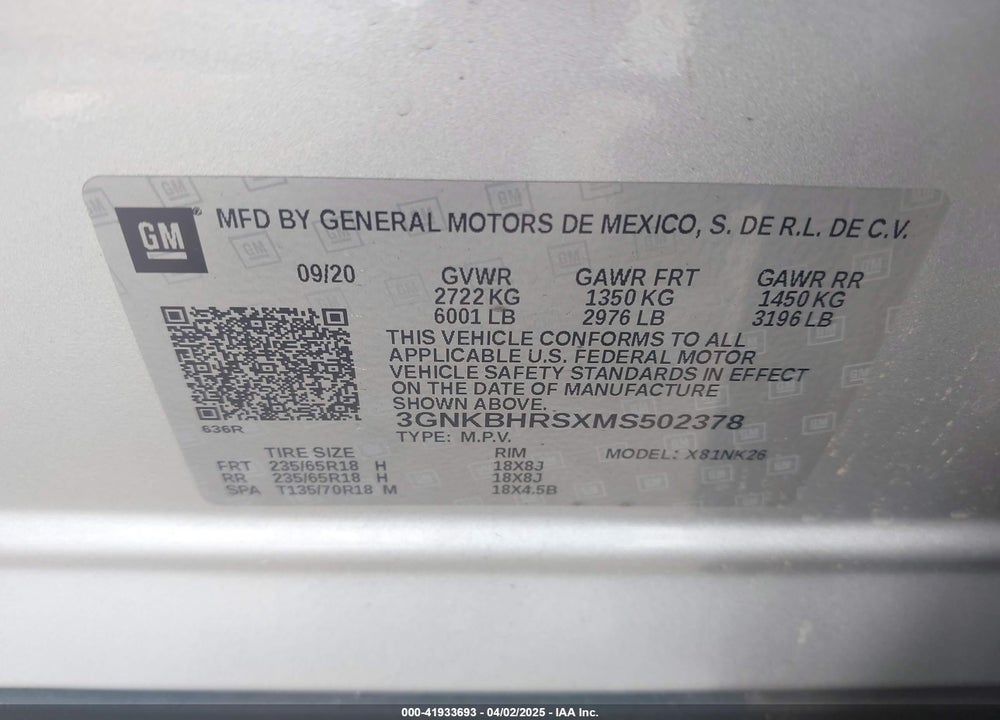 2021 CHEVROLET BLAZER AWD 2LT VIN: 3GNKBHRSXMS502378