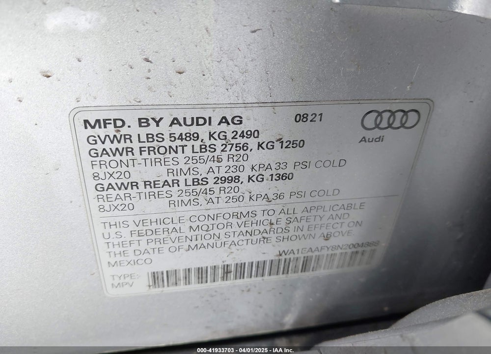 2022 AUDI Q5 PREMIUM PLUS 45 TFSI S LINE QUATTRO S TRONIC VIN: WA1EAAFY8N2004888