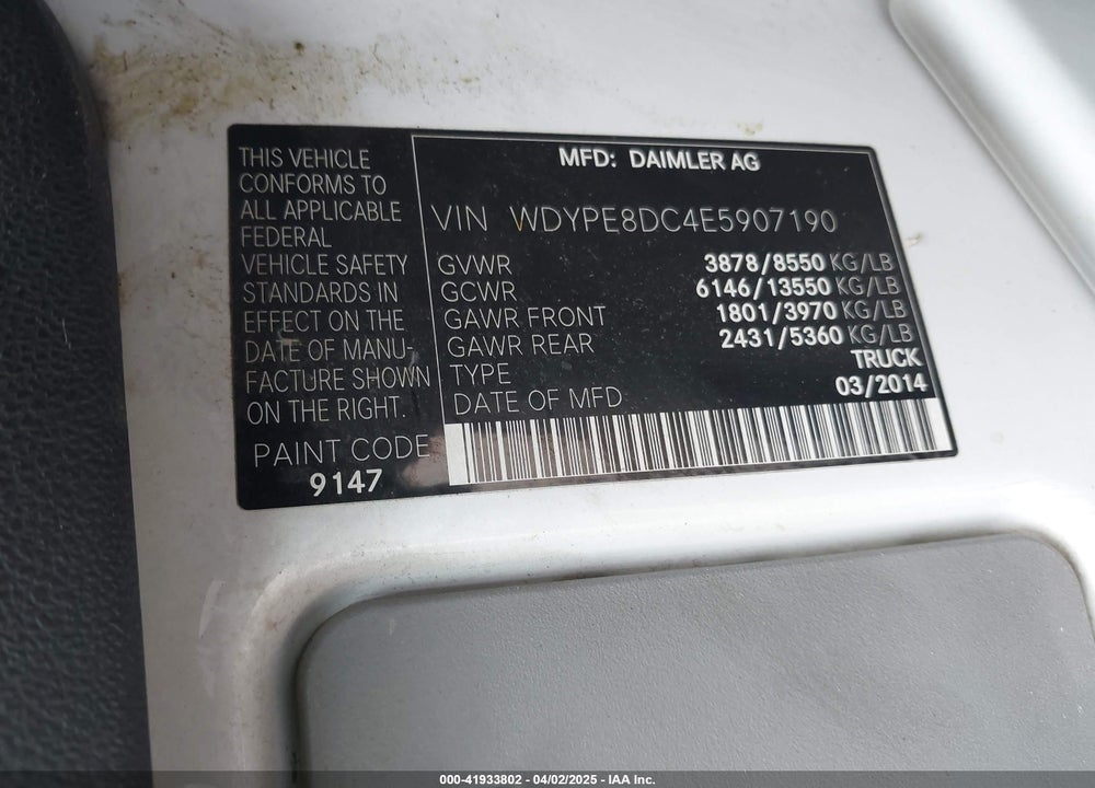 2014 FREIGHTLINER SPRINTER VIN: WDYPE8DC4E5907190