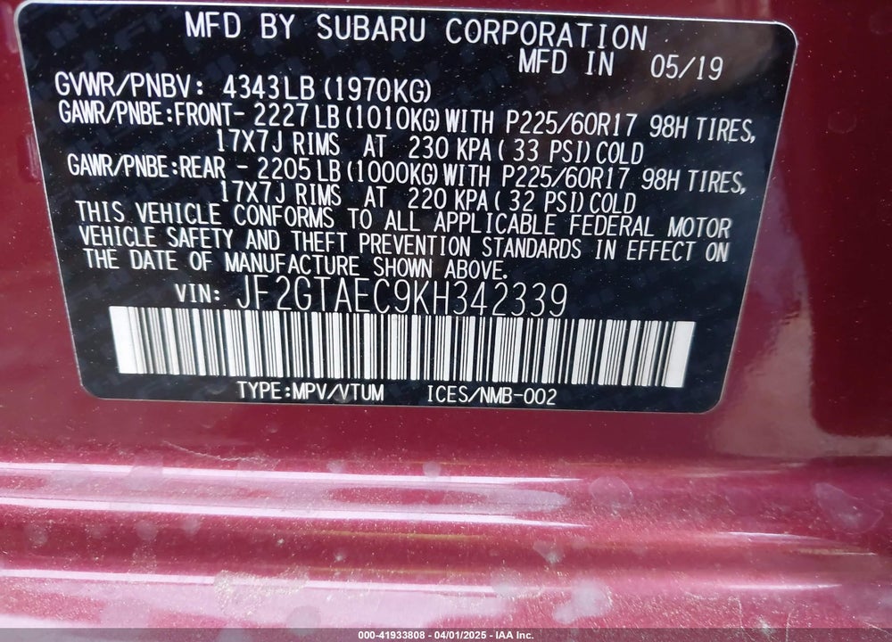 2019 SUBARU CROSSTREK VIN: JF2GTAEC9KH342339