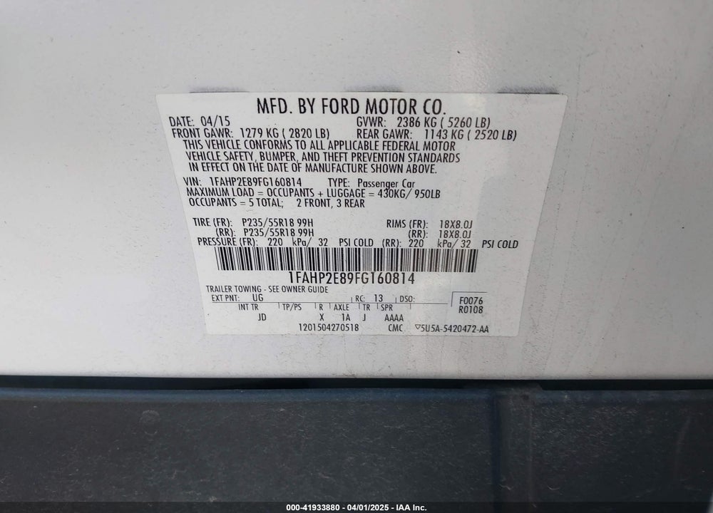 2015 FORD TAURUS SEL VIN: 1FAHP2E89FG160814