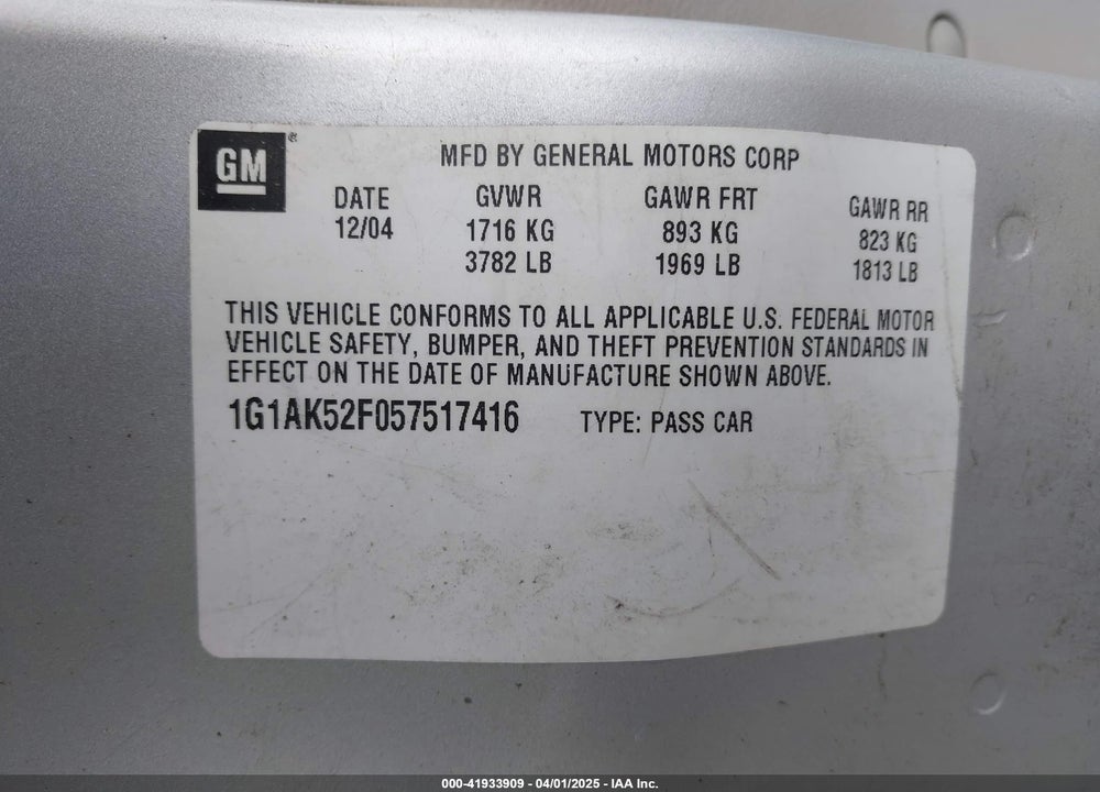 2005 CHEVROLET COBALT VIN: 1G1AK52F057517416