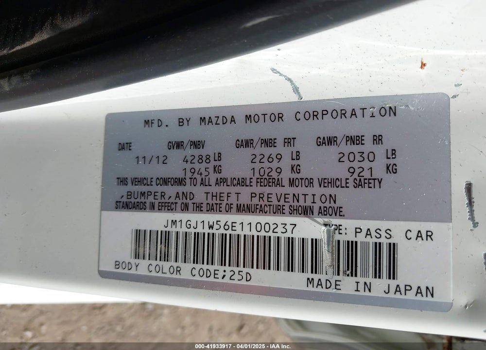 2014 MAZDA MAZDA6 VIN: JM1GJ1W56E1100237