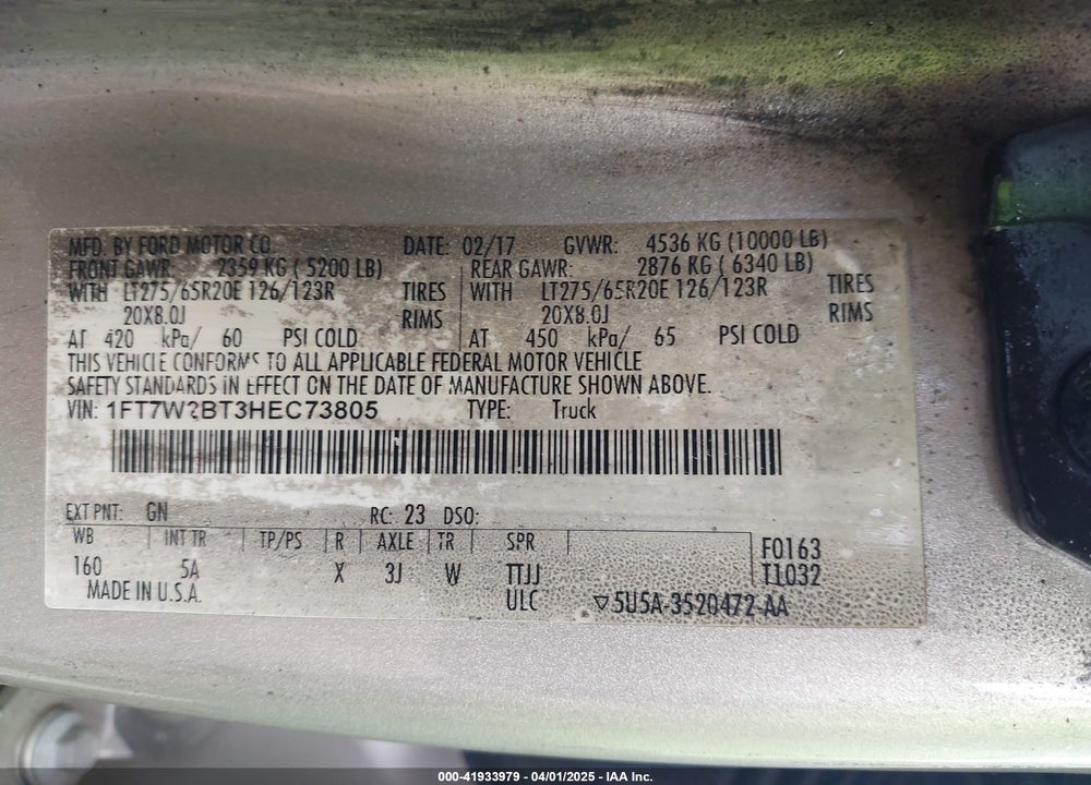 2017 FORD F-250 VIN: 1FT7W2BT3HEC73805