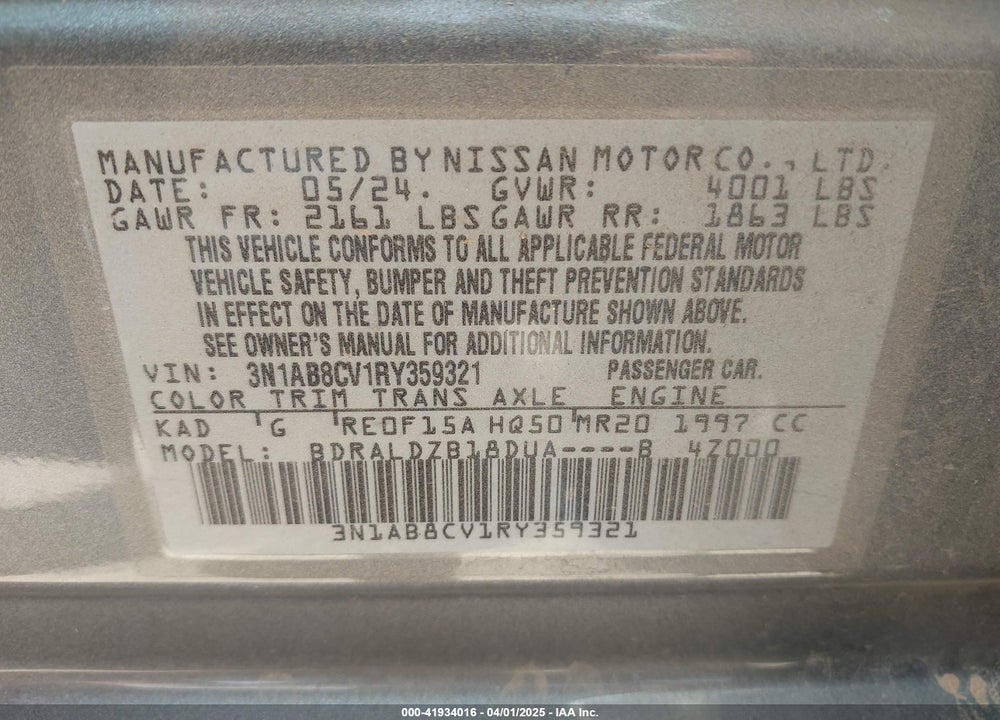 2024 NISSAN SENTRA VIN: 3N1AB8CV1RY359321