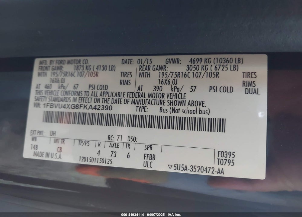 2015 FORD TRANSIT-350 XLT VIN: 1FBVU4XG8FKA42390