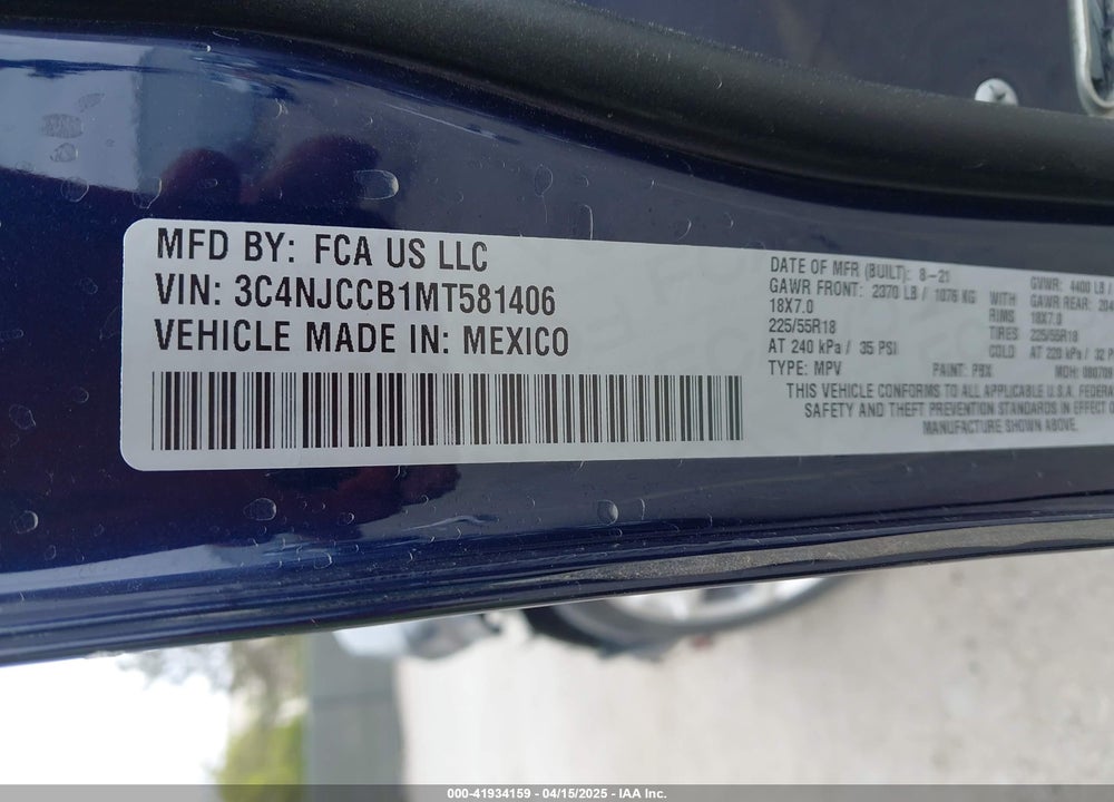 2021 JEEP COMPASS VIN: 3C4NJCCB1MT581406