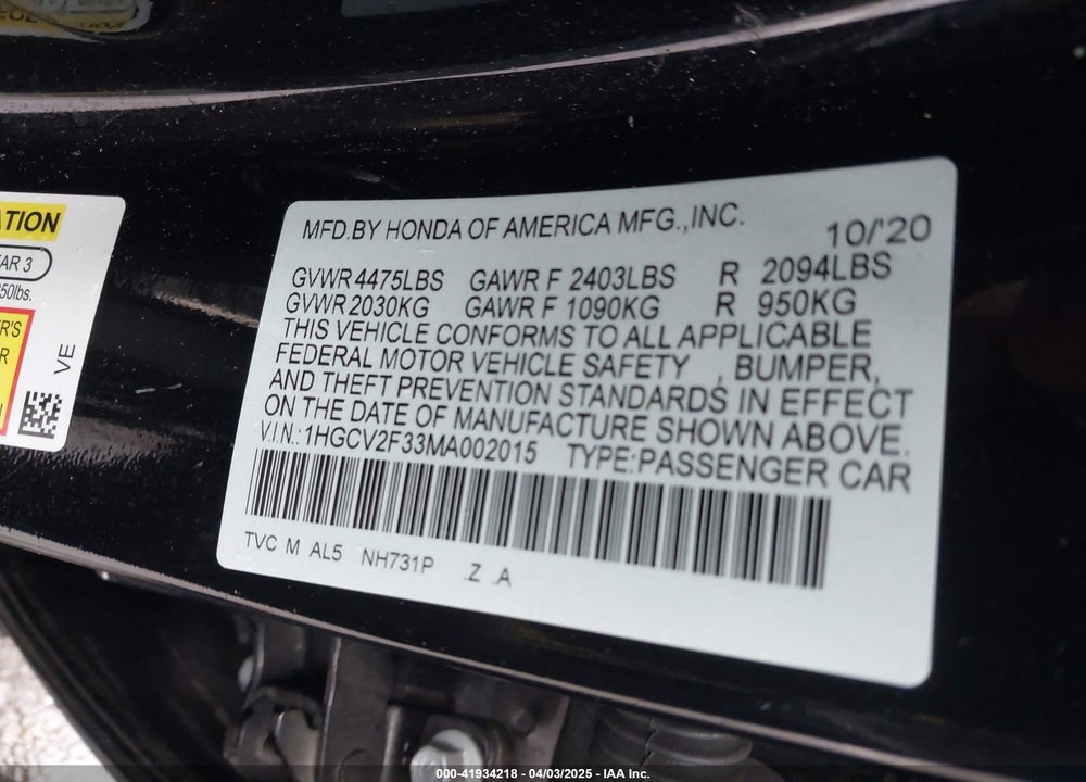 2021 HONDA ACCORD VIN: 1HGCV2F33MA002015