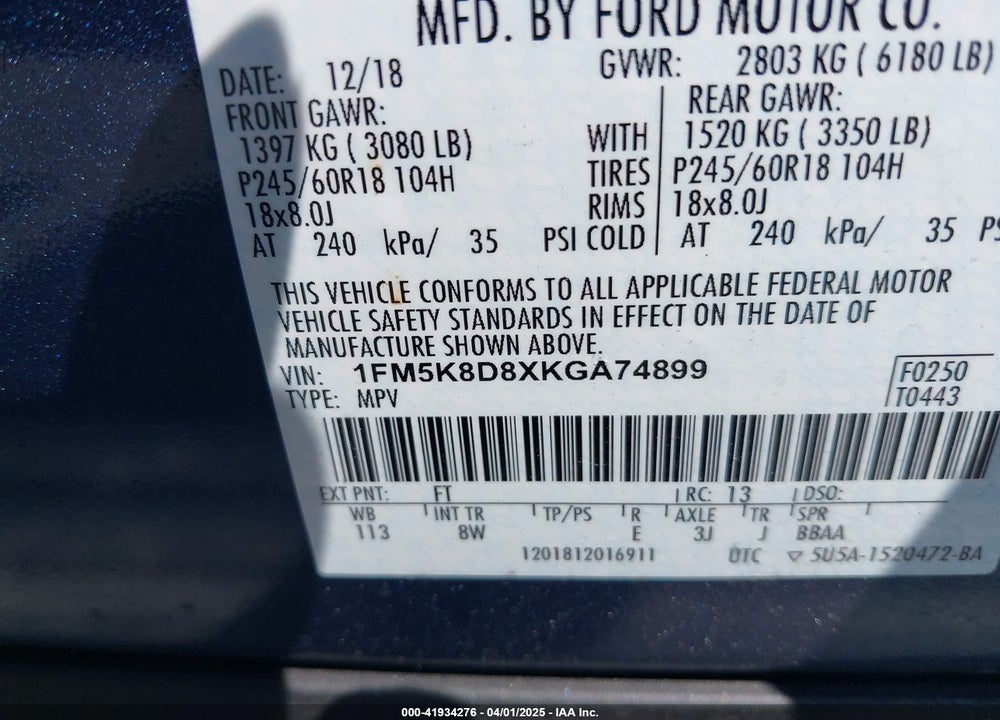 2019 FORD EXPLORER XLT VIN: 1FM5K8D8XKGA74899