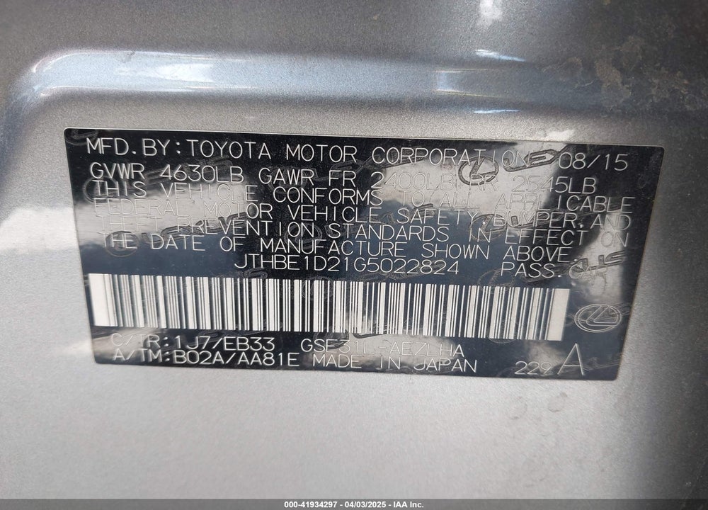 2016 LEXUS IS350 VIN: JTHBE1D21G5022824