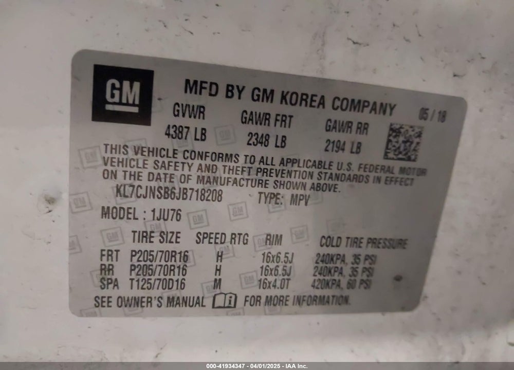 2018 CHEVROLET TRAX LS VIN: KL7CJNSB6JB718208