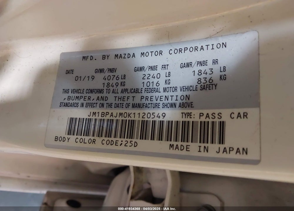 2019 MAZDA 3 VIN: JM1BPAJM0K1120549