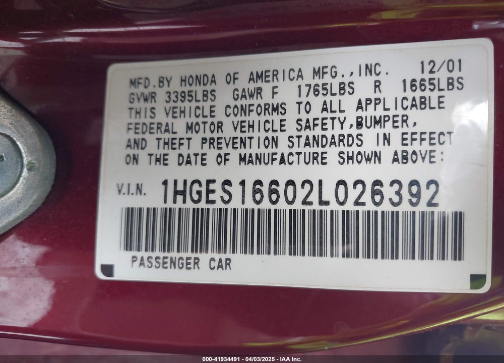 2002 HONDA CIVIC LX VIN: 1HGES16602L026392