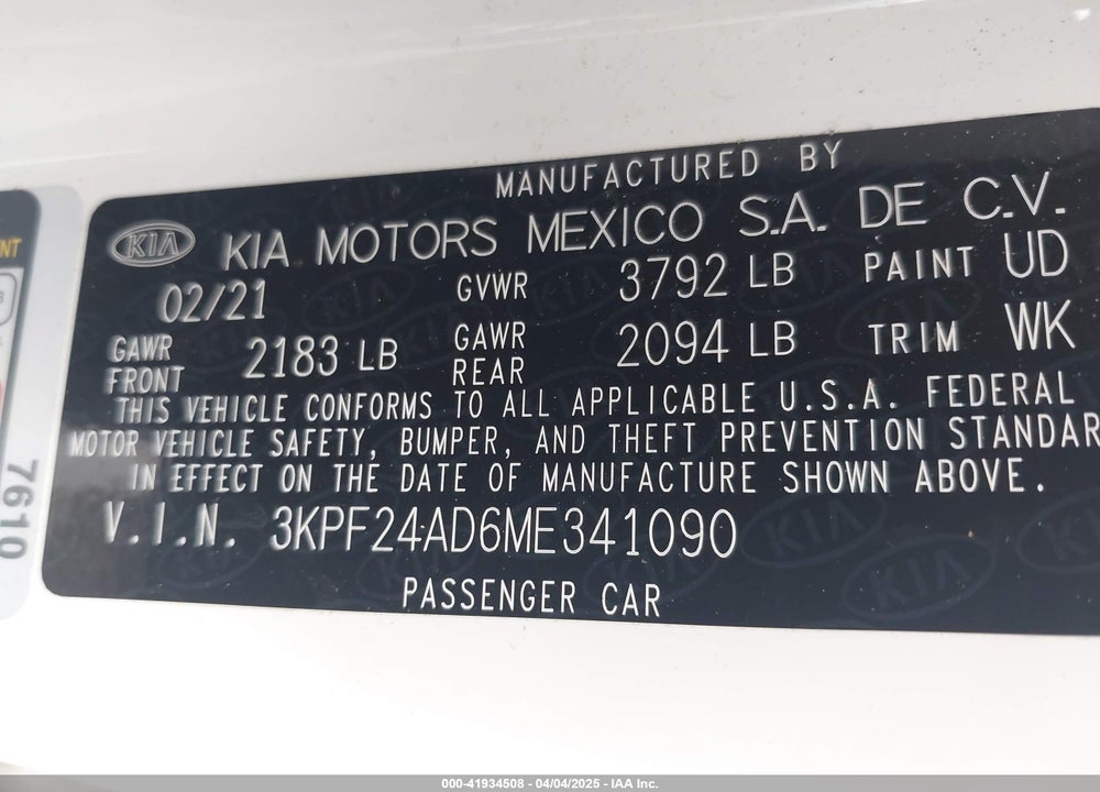 2021 KIA FORTE VIN: 3KPF24AD6ME341090