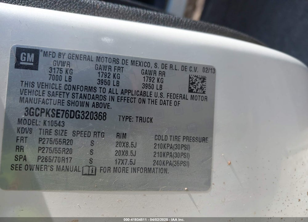 2013 CHEVROLET SILVERADO VIN: 3GCPKSE76DG320368