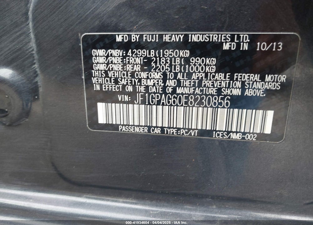 2014 SUBARU IMPREZA VIN: JF1GPAG60E8230856