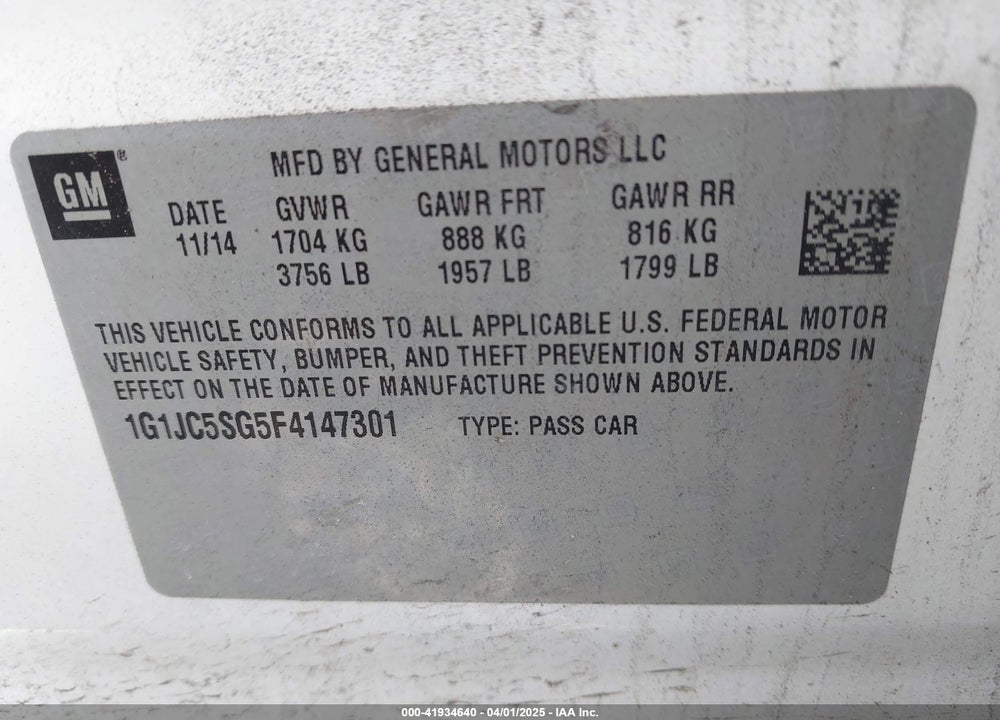 2015 CHEVROLET SONIC LT AUTO VIN: 1G1JC5SG5F4147301